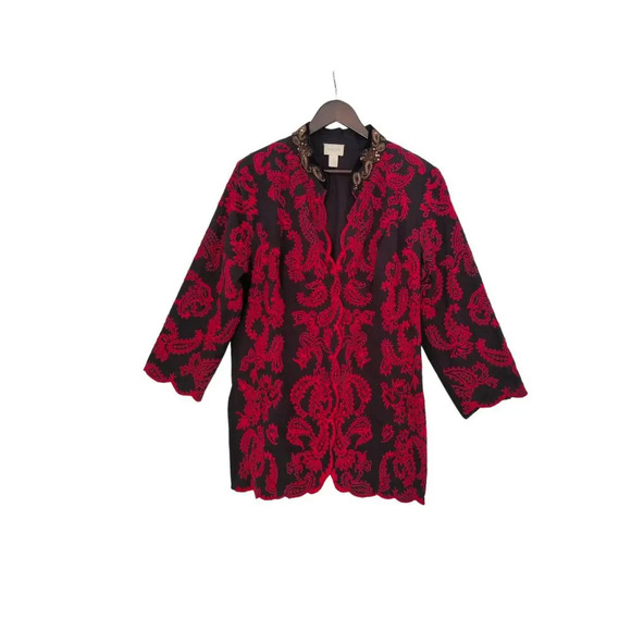 Chico's Floral Paisley Embroidered Jacket Red & Black Embellished Elegant Size L - Picture 5 of 11